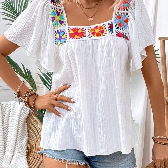 White Boho Women's Crochet Patchwork Square Neck Flutter Sleeve Vacation Shirt - Picture 6 of 6